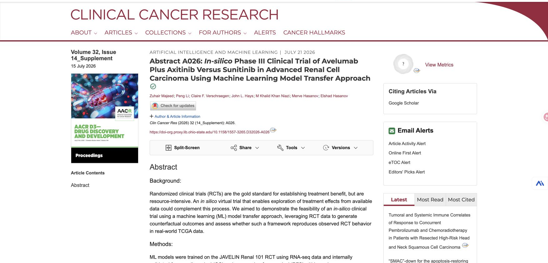 Clinical Cancer Research AACR D3 abstract page for an in-silico Phase III trial in renal cell carcinoma