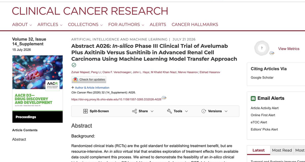 AACR D3 2026 abstract page for an in-silico Phase III trial in renal cell carcinoma