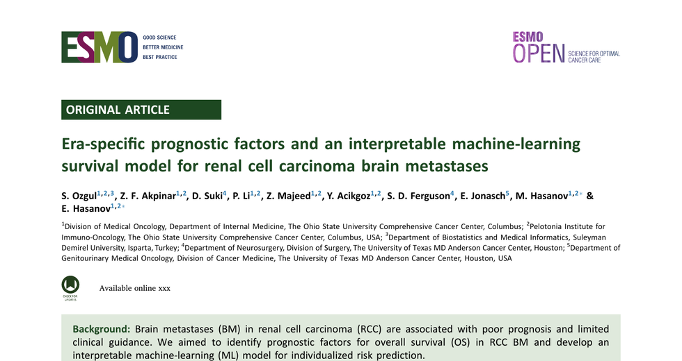 ESMO Open article page for an interpretable machine-learning survival model in renal cell carcinoma brain metastases