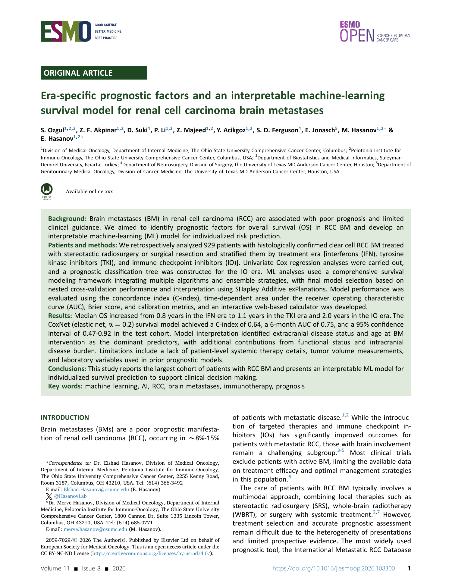 First page of the ESMO Open article on era-specific prognostic factors and machine-learning survival modeling for renal cell carcinoma brain metastases