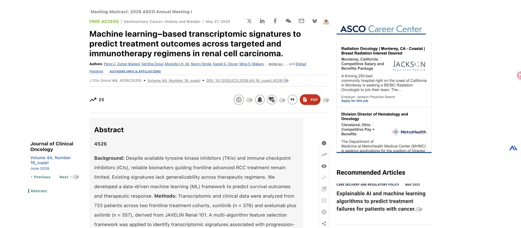 Journal of Clinical Oncology abstract page for RCC transcriptomic signatures at ASCO 2026
