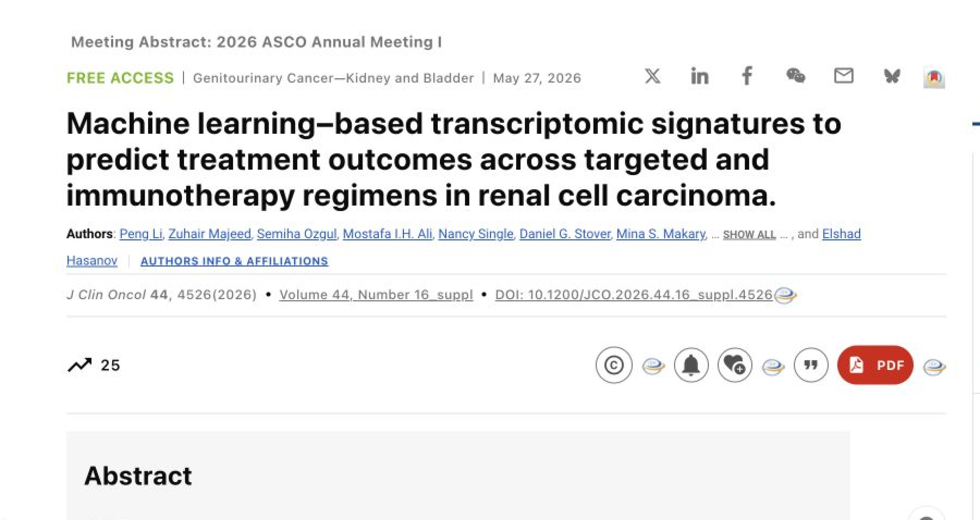 JCO abstract page for RCC transcriptomic signatures at ASCO 2026